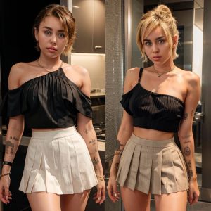 Miley Cyrus's Mesmerizing Ensemble: Mini Pleated Skirt and One-Shoulder Glamour