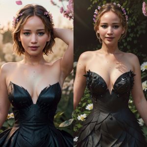 Jennifer Lawrence Illuminates Beauty in a Enchanting Fairy-Tale Setting with Delicate Flowers and a Romantic Ambiance