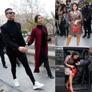 Georgina Rodríguez Stuns in Logo Trench Coat and Red Heels at Louis Vuitton Fashion Show in Paris